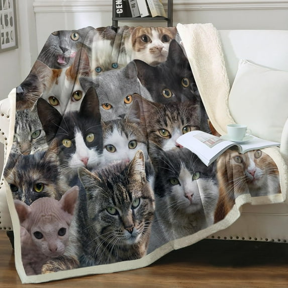 Cat Head Plush Sherpa Blanket for Kids Girls Soft Brown Black Cats Fleece Throw Blanket for Bed Couch, Throw(50"x60")