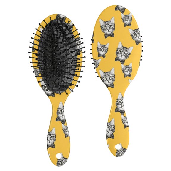 Cat Head and Bowtie Yellow Pattern Brush, Detangling Hair Brush,Oval Paddle Hair Brush, Air Cushion Design Gifts for for Men Women Kids