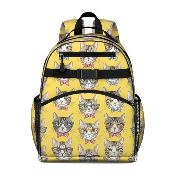 Cat Head and Bowtie Yellow Pattern Cute School Backpack Bag for School with Padded Back and Adjustable Shoulder Straps 15.25"x11.5"x5.25"