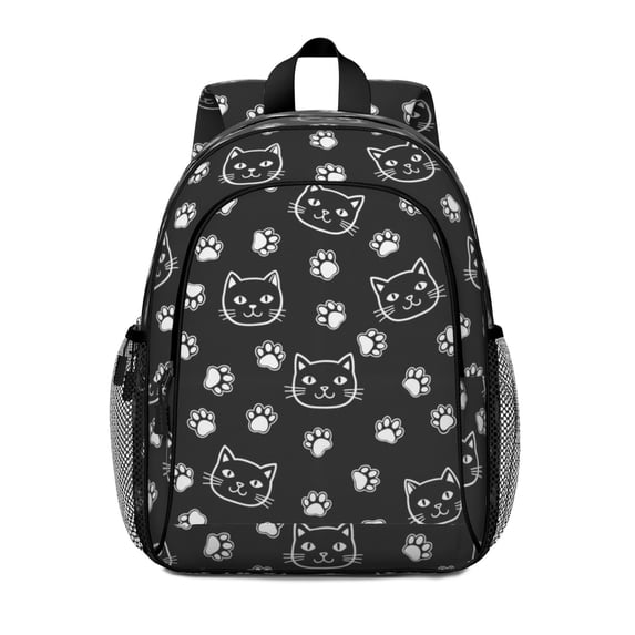 Cat Head and Dog Paw Print Backpack for School, Cute School Bag with Adjustable Shoulder Straps and Padded Back, 15"x11.42"x5.5"