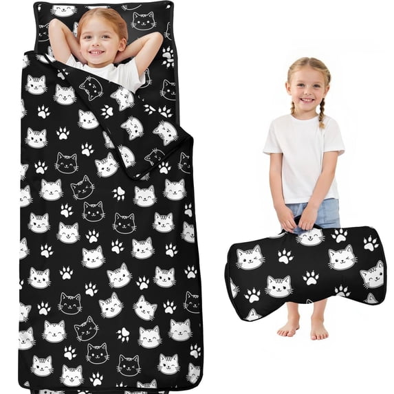 Cat Head and Dog Paw Print Teens Toddler Nap Mat with Pillow, Sleeping Mat Bag for Preschool Daycare 59"x22"
