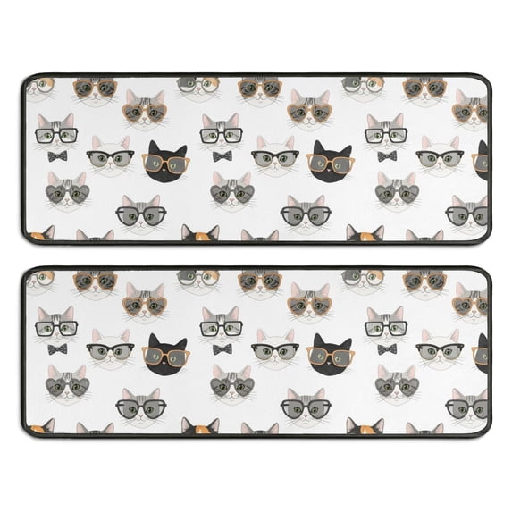 Cat Head and Glasses White Pattern Anti Fatigue Kitchen Rugs Set Of 2, Non Slip Washable Decorative Floor Mats for Sink Laundry and Home Use, 17"x47"