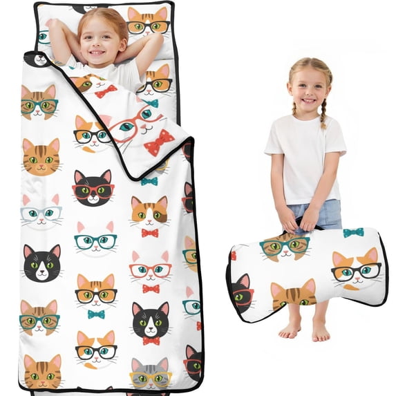 Cat Head and Glasses White Pattern Teens Toddler Nap Mat with Pillow, Sleeping Mat Bag for Preschool Daycare 60"x20"