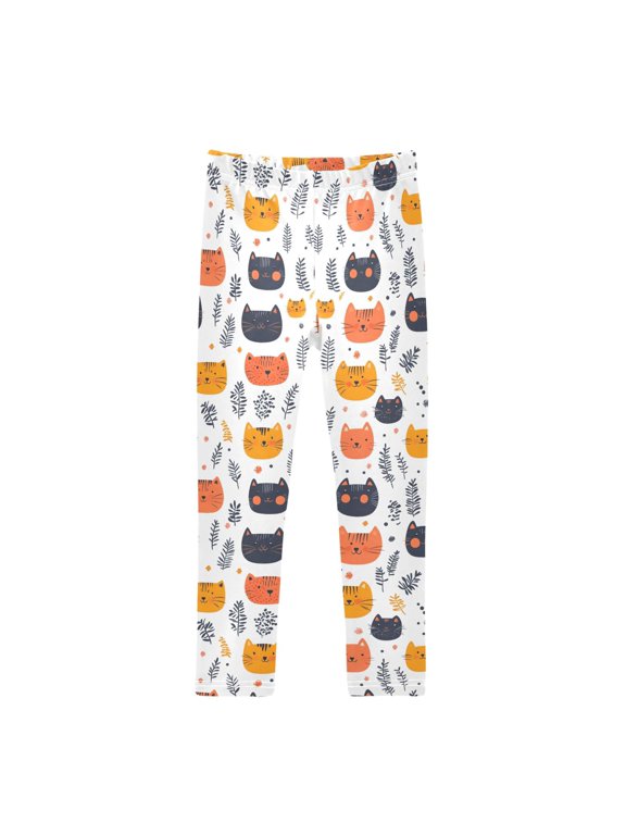 Cat Head with Grass Printed Leggings Yoga Pants for in 4t to 10t