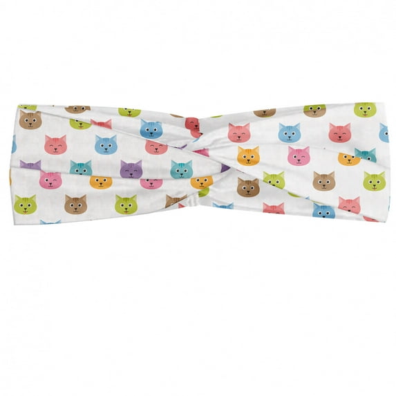 Cat Headband, Colorful Pattern of Faces Kids Boys Girls Nursery Design Domestic Pets Meow, Elastic and Soft Women's Bandana for Sports and Everyday Use, Grey Red Coconut, by Ambesonne