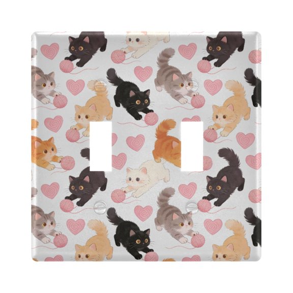 Cat Heart Fur Ball Toggle Switch Wall Plate 2-Gang Unbreakable Durable PC Flush Fit Round Edge 4.48x4.56in