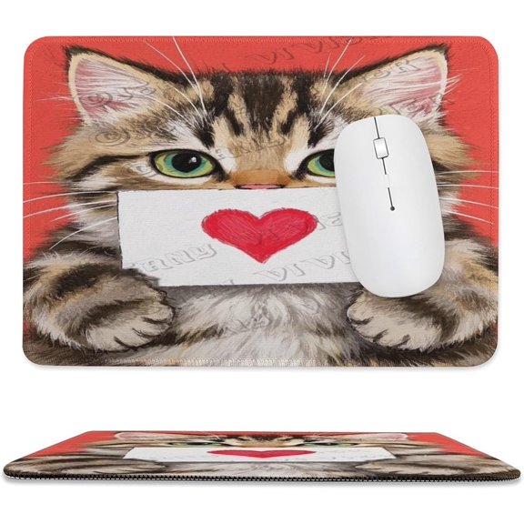 Cat with Heart Painting Mouse Pad 8x10 in, Premium Stitched Edge Computer Mousepad with Smooth Tracking Surface and Non-Slip Rubber Bottom, Cute Cat and Heart Illustration for Home Office