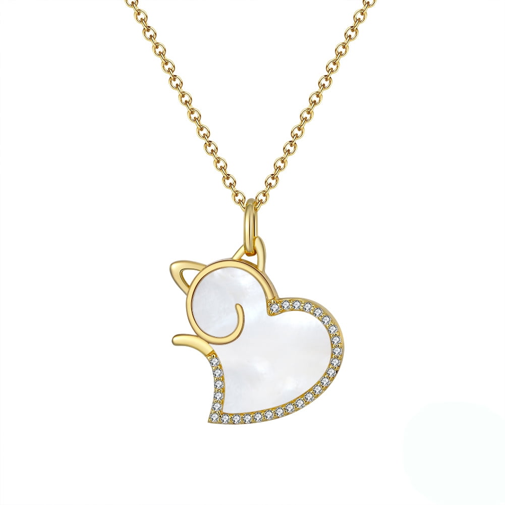 Cat Heart Pendant Necklace for Women Seashell CZ Gold Over Sterling