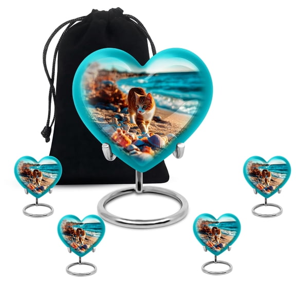 Cat Heart Shape Adult Cremation Funeral Urn for Human Ashes, Keepsake Memorial Gift, Beautiful Handcrafted Small Urns for Ash Container, Combo, Blue (10 Inch & 3 Inch Mini Set of 3)
