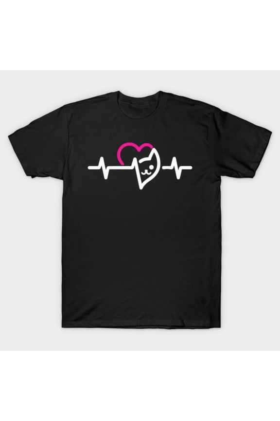Cat Heartbeat ECG Love Cute Kitten Face EKG Line Graphic Unisex T-Shirt, for men & women, up to size 5XL
