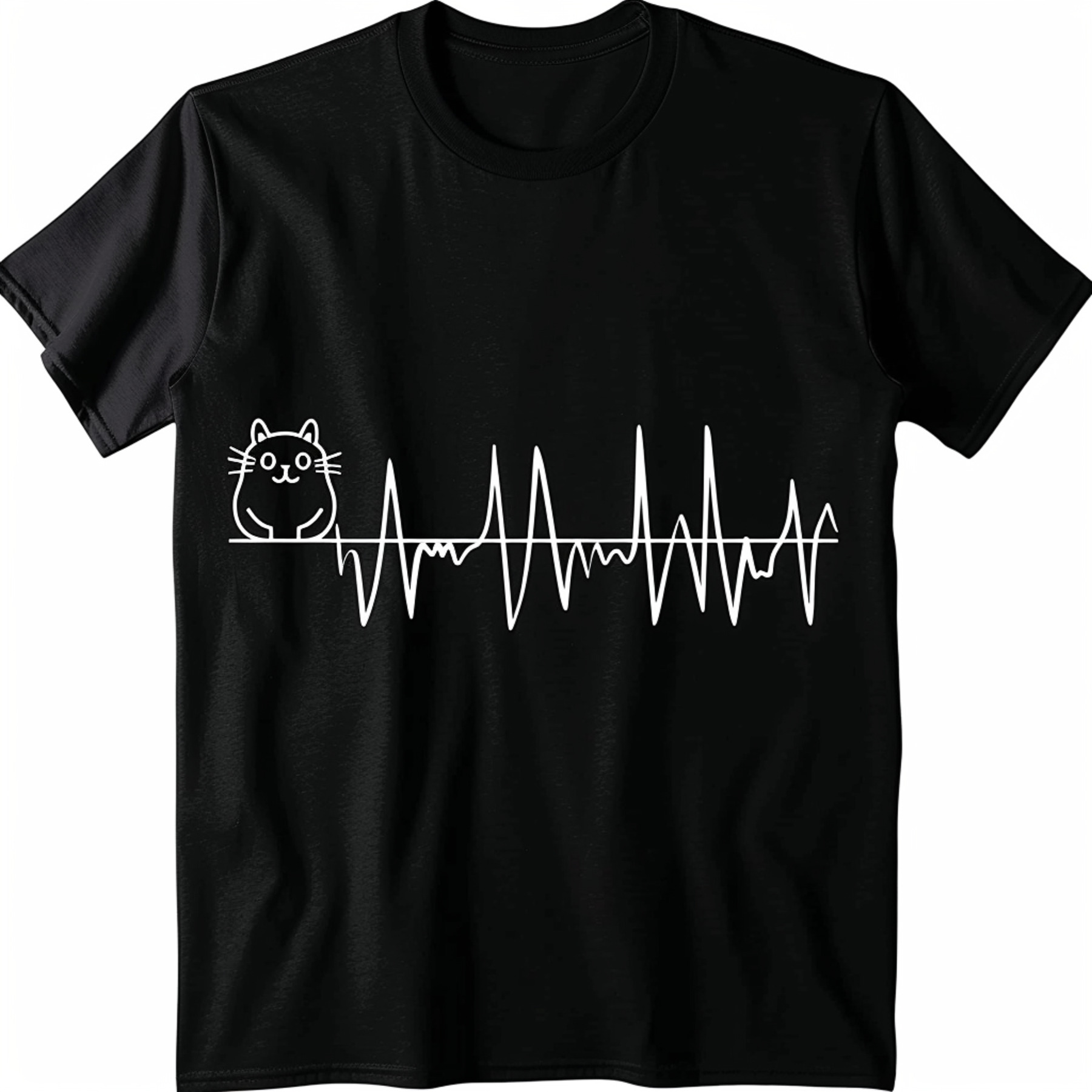 Cat Heartbeat Line Art T Shirt Cute Feline Design Black Tee Vector