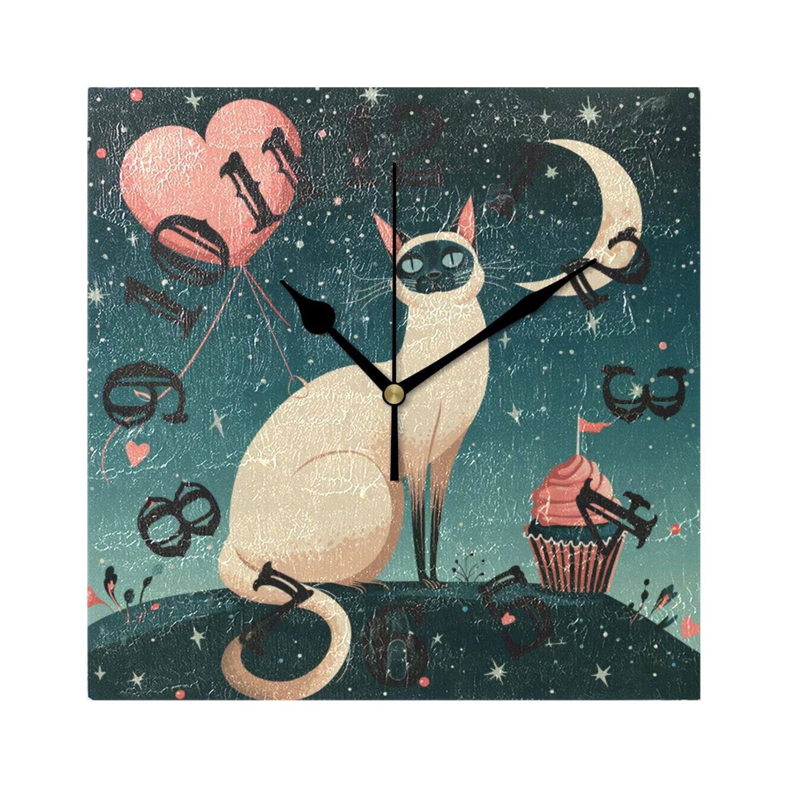Cat Hearts Cake and Moon Stars Wall Clock Square Silent Non Ticking ...