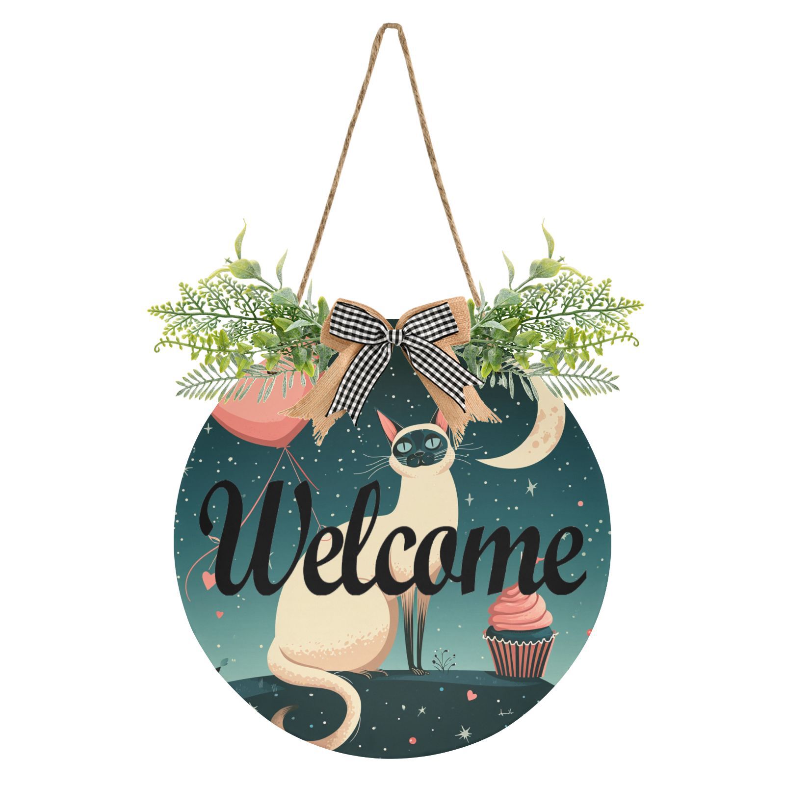 Cat Hearts Cake and Moon Stars Welcome Sign for Front Door Wreath Door ...
