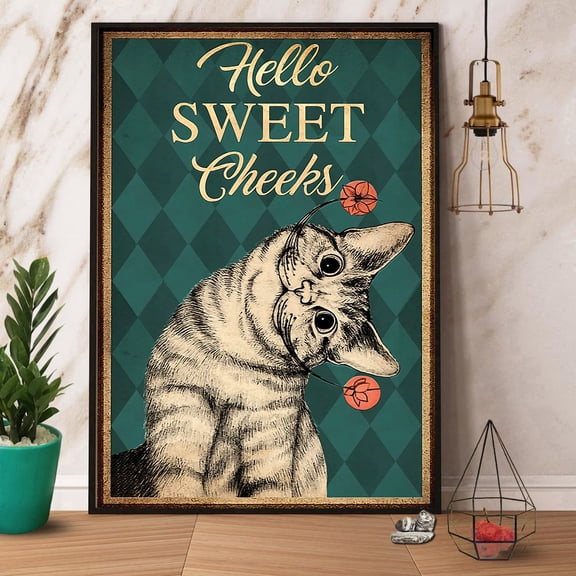 Cat Hello Sweet Check Retro Green Paper Poster No Frame Matte Wall Art Decor 11 x 17 Inch Poster