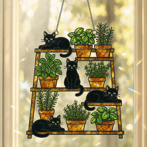 Cat Herb Garden Window Ornament Holographic Acrylic Sun Catcher Window Hanging