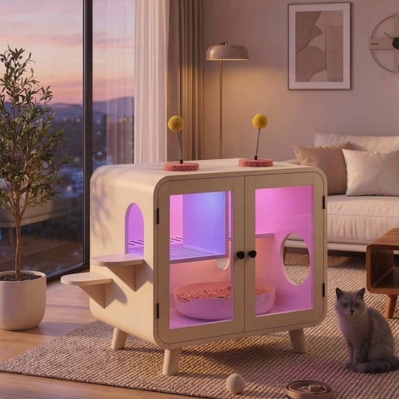 Cat Hidden Litter Box Enclosure with RGB LED Light, Cat House with Stairs and Cat Pom-pom Toys for Fun, Cat Washroom Cabinet with Litter Leak Walkway and Glass Doors for Better View,Beige