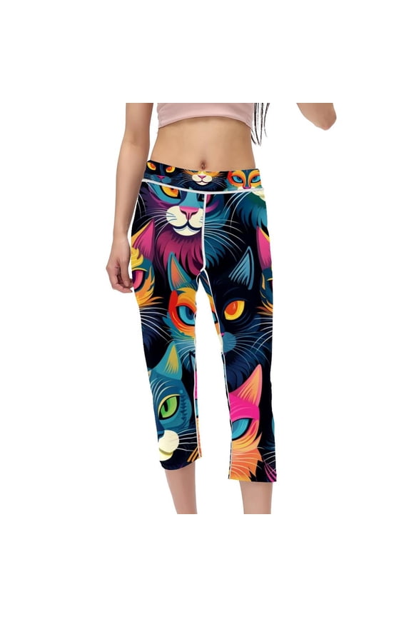 Cat High Waist Capris Gym Pants - Not See-Through Printed Leggings for Women, Suitable for Running, Fitness, Yoga