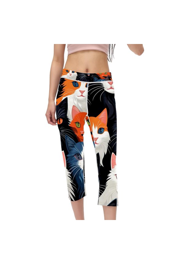 Cat High Waist Capris - Not See-Through Printed Leggings for Women, Gym Pants, Suitable for Running, Fitness, Yoga