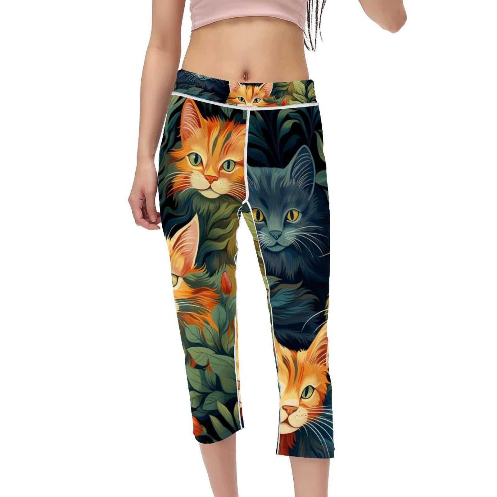 Cat High Waist Capris Printed Leggings for Women, Not SeeThrough Gym