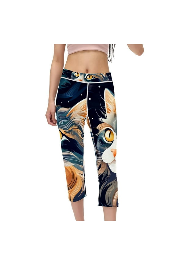Cat High Waist Printed Capris Leggings for Women, Non-See-Through Gym Pants for Running, Fitness, and Yoga