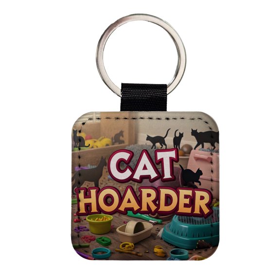 Cat Hoarder Funny Faux Leather Square Keychain