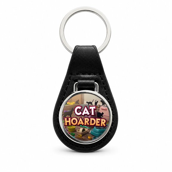 Cat Hoarder Funny Metal Black Leather Keychain