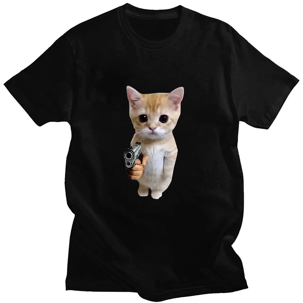 Cat Hold Gun Meme Graphic Tshirt Prevalent Streetwear Short Sleeve 100