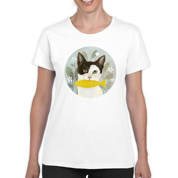 Cat Holding A Fish T-Shirt Women -Victoria Borges Designs, Female 3X-Large