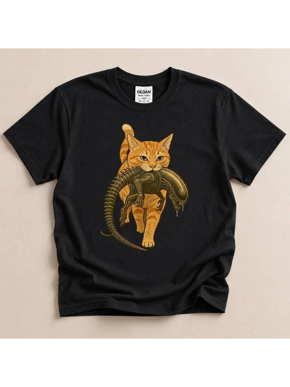 Cat Holding Alien T-shirt Ginger Cat Carrying a Xenomorph Alien Dark Grey Space Creature Feline Tee Unique Animal Graphic Tee