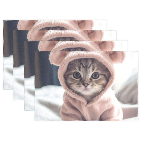 Cat Hoodie Bed 12×18 inch Placemats Heat Resistant Washable Foldable Rectangular Placemats Set Decoration Indoor Outdoor for Kitchen Dining Table 4PCs