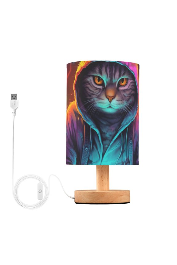 Cat Hoodie Notebook Table Lamp USB Bedside Desk Nightstand Lamp Printed Gifts Small Lamp Wood Base for Bedroom Living Room Kids Room College Dorm