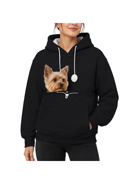 Cat Hoodie with Pouch Cat Holder Hoodie Cat Carrier Hoodie Sweatshirt With Dog Pouch Cuddle Pouch Hoodie Dog Mom Gifts For Women Snack Hoodie Pet Pouch Hoodie Fall Hoodies For Women,Black,L