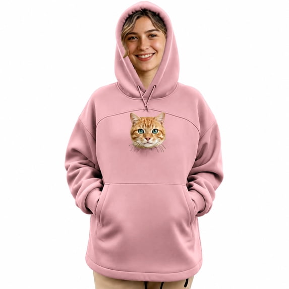 Cat Hoodie with Pouch, Kangaroo-style Long Sleeve Hoodie for Women Basic Tops Cute Hoodies Trendy Athletic Women Dressy Sweatshirts Loose Fit Airport Travel Outfit Chic Tops,Pink,XL
