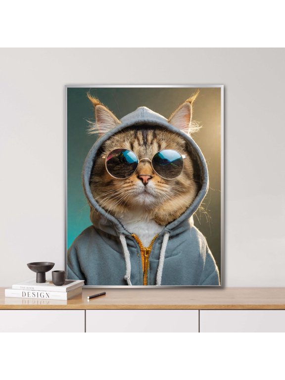 Cat Hoodie Sunglasses Wall Art Print, Unframed Paper Poster 8x10in