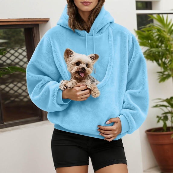 Cat Hoodie Women Kangaroo Pet Pouch Dog Carrier Solid Color Long Sleeve Top Daily Pet Walks Woemns Hoodies Blue M