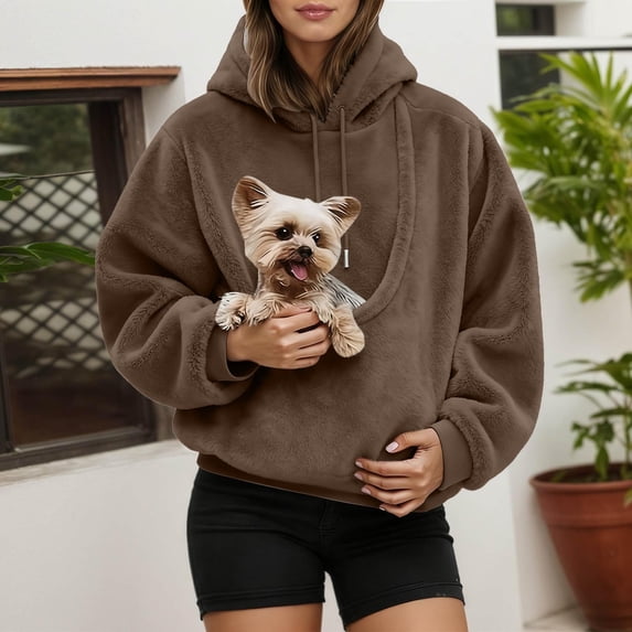 Cat Hoodie Women Kangaroo Pet Pouch Dog Carrier Solid Color Long Sleeve Top Daily Pet Walks Woemns Hoodies Brown L