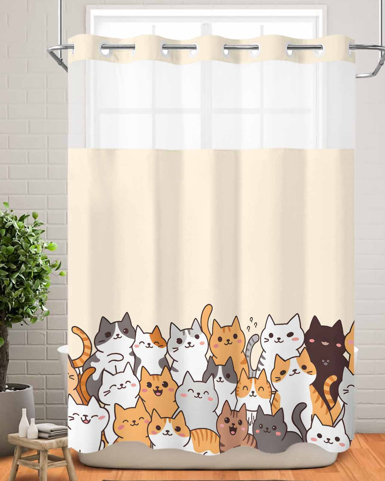Cat No Hook Shower Curtain with Snap in Liner, Cute Animal Cartoon