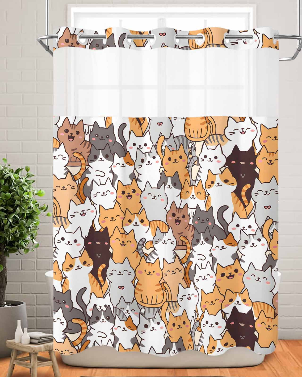 Cat No Hook Shower Curtain with Snap in Liner, Cute Animals Cartoon
