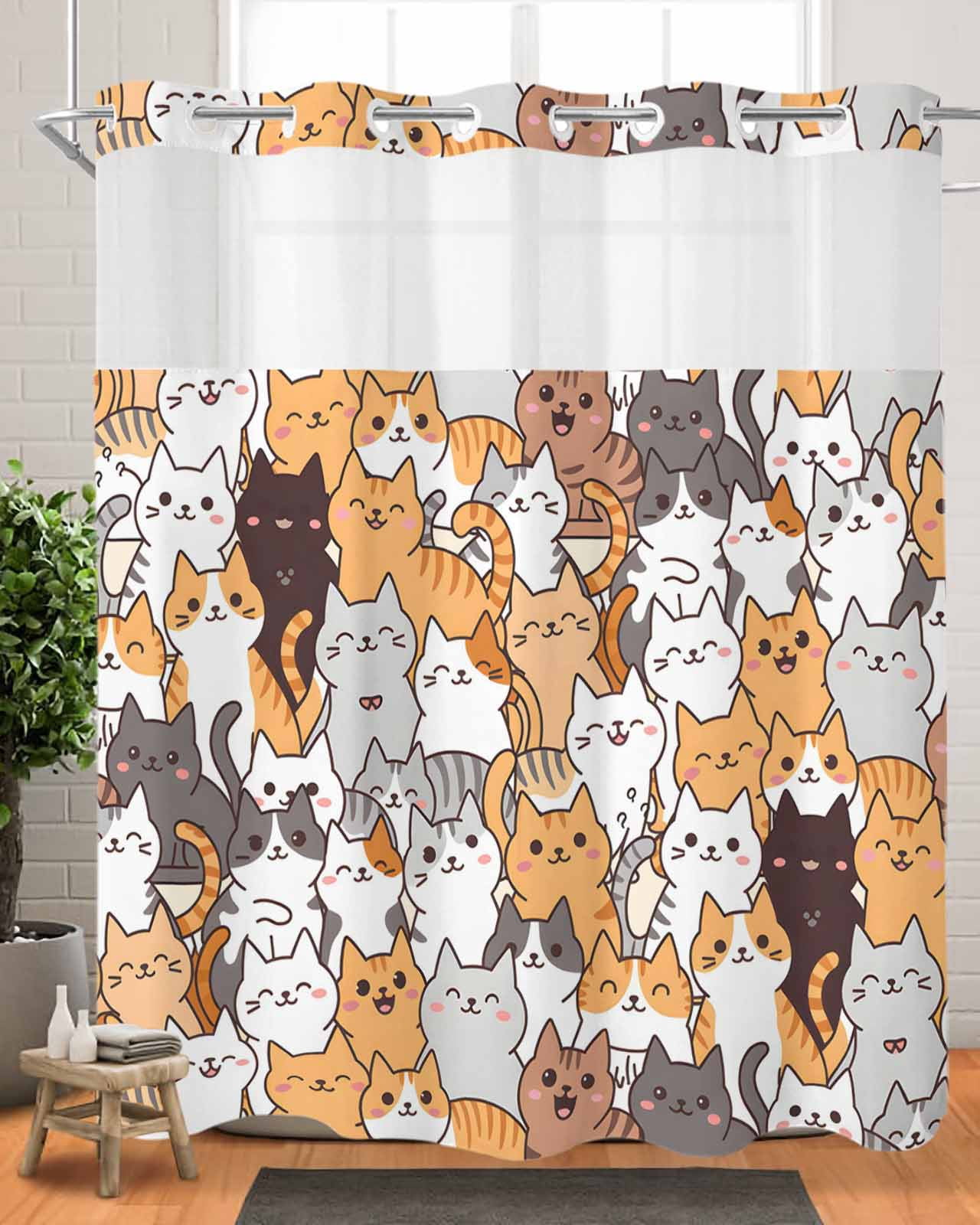 Cat No Hook Shower Curtain with Snap in Liner, Cute Animals Cartoon
