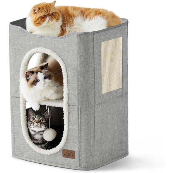Cat House Bed for Indoor Cats with Fluffy Ball and Scratch Pad,Grey | 16.5x16.5x13 in,Large Cat Cave for Multiple Pets,Foldable Cat Hideway Cube for Sleeping Kitten