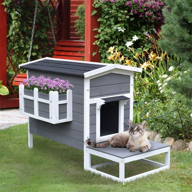 Cat House Cabin Style Raised Cat Outdoor Waterproof Ventilate Wooden Cat House with Deck Porch Back Door and Side Balcony for Medium and Small