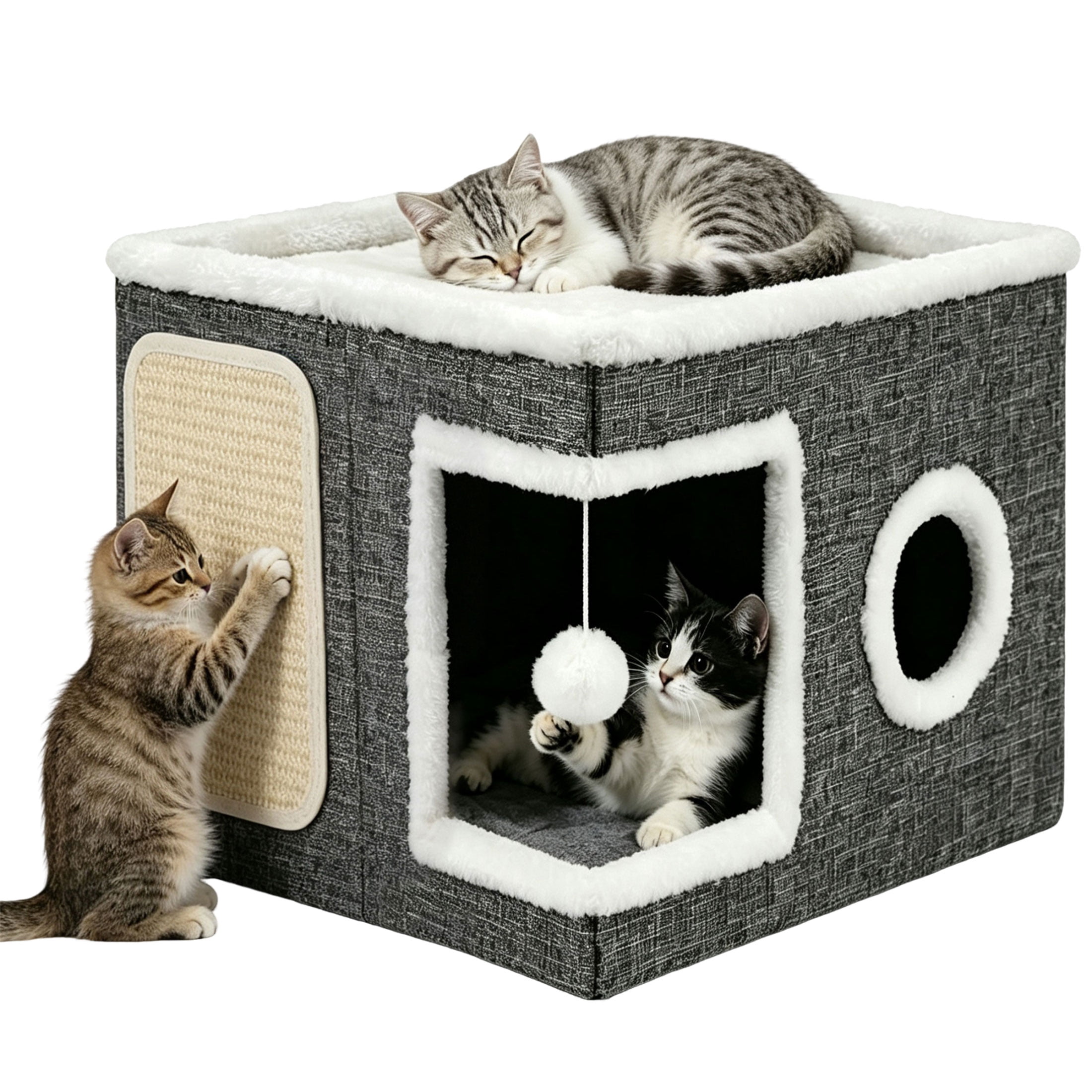 GARITIN Cat Cube House with Sisal Scratcher, Plush Cat Bed & Dangling Toy Ball for Indoor Cats