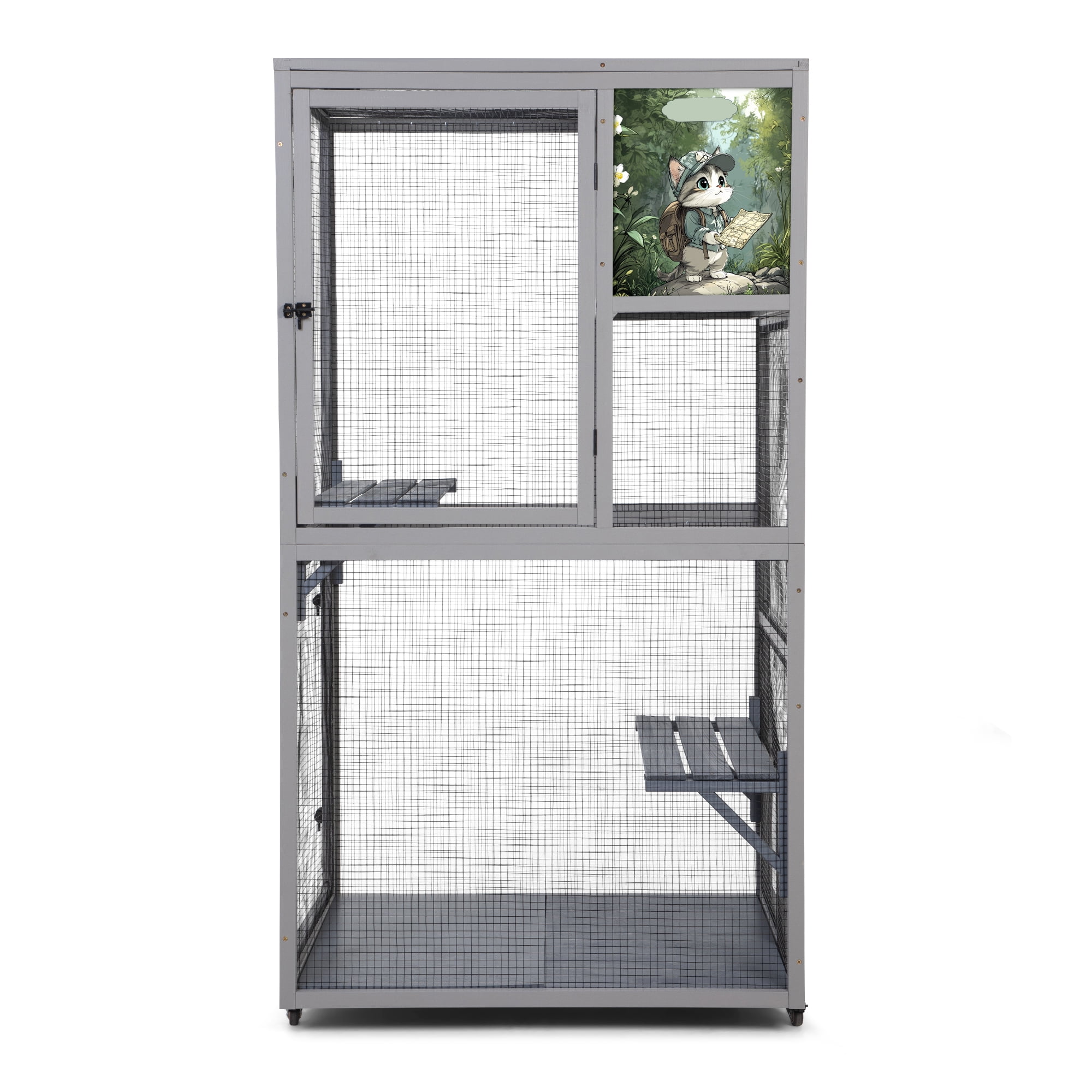 Cat House Catio Outdoor Enclosure with Platforms, 66" Cat Condos on Wheels for Outdoor Patio, Dark Gray