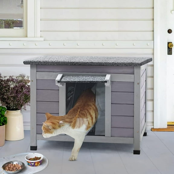 BUTINGLALE Outdoor Feral Cat House Weatherproof, Small Wooden Rabbit Hutch Bunny Cage Indoor-PVC Door Flaps