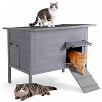 Outdoor Cat House with Heating Pad, DOMIPET Heated Cat House, Waterproof Winter Shelter for Multiple Cats & Small Animals with Escape Door, Gray