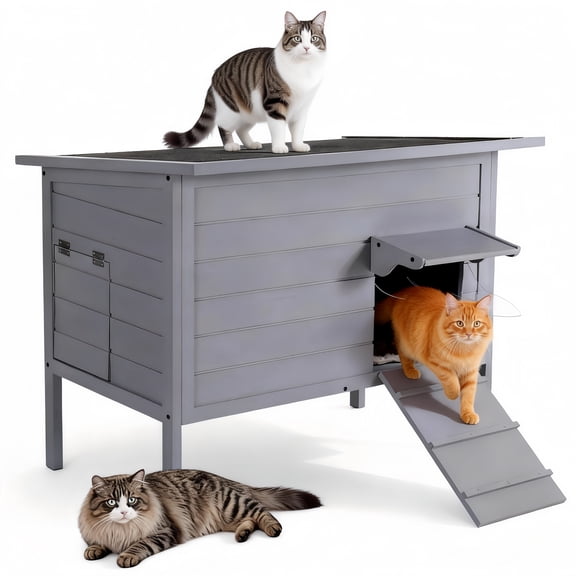 Outdoor Cat House with Removable Heating Pad, DOMIPET Heated Cat House, Waterproof Winter Shelter for Multiple Cats & Small Animals with Escape Door, Suitable for All Seasons