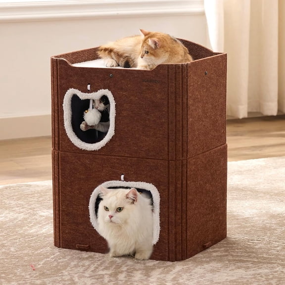 Cat House for Indoor Cats, 2 Story Scratch Resistant Felt Cat Condo, Hideaway Pet Cave Bed with Fluffy Ball and Tunnel for Kitten, Small Dogs, Rabbits, 17.7 x 13.3 x 24, Coffee