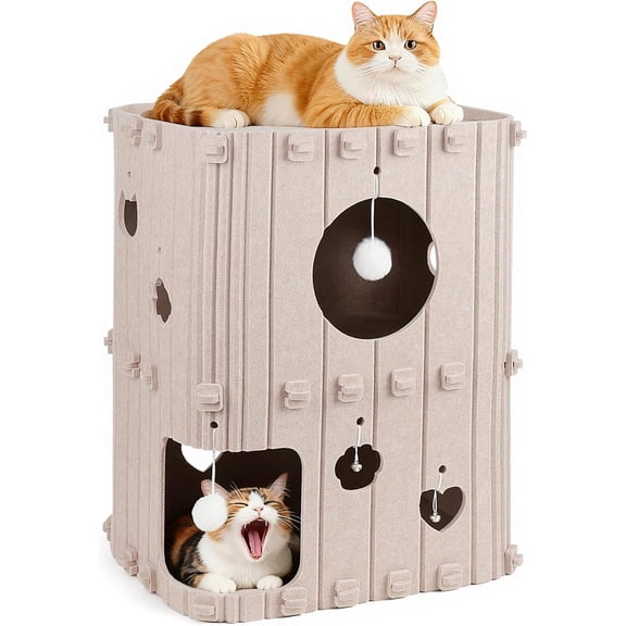 Cat House for Indoor Cats - Enclosed Bed Cave for Multiple & Large Cats, Felt Covered Pet Hideaway Tunnel Condo, Hut Hideout Cube, Scratch Resistant, Beige