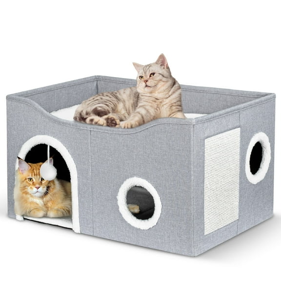 Cat House for Indoor Cats - Large Cat Bed Cave with Fluffy Ball and Scratch Pad, Foldable Cat Houses & Condos, Cat Cubes, Cat Hideaway, Covered Cat Bed for Multi Small Pet Large Kitty