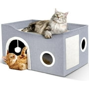 Cat House for Indoor Cats - Large Cat Bed Cave with Fluffy Ball and Scratch Pad, Foldable Cat Houses & Condos, Cat Cubes, Cat Hideaway, Covered Cat Bed for Multi Small Pet Large Kitty